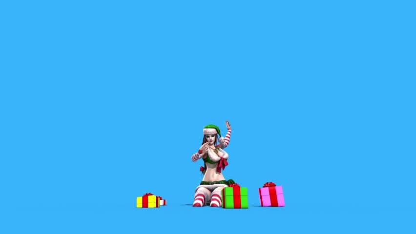 Sexy Elf Christmas turn Gifts Blue Screen 3D Rendering Animation