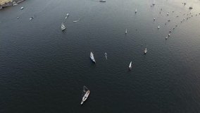 Aerial video of bay with floating sailing yacht fleet in marina during yachting regatta race