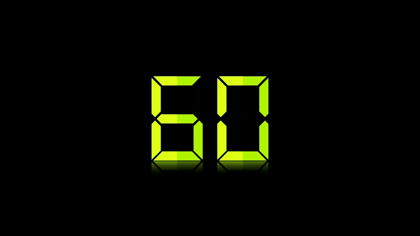 Backward Counting Sequence. From 60 to 0 Seconds. Countdown Timer with digital numbers on black.