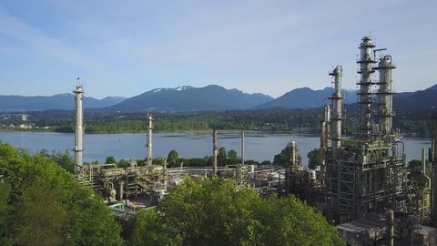 Aerial view of an industrial oil refinery site in Greater Vancouver, British Columbia, Canada.
