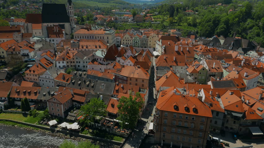 Rooftop establishing shot of the medieval town of Cesky Krumlov, Czech Republic, Czechia