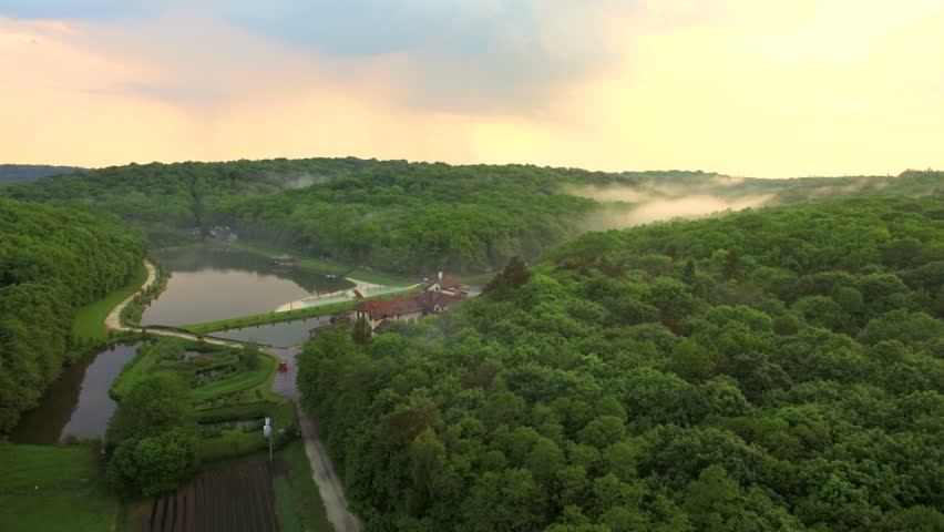 Fog over the lake aerial, Ukrainian