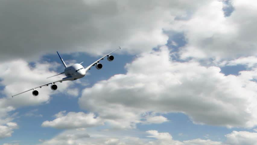 An Airbus 380 flying at cruising altitude banking towards the viewer.  (High