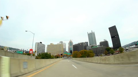 PITTSBURGH, PA - October, 2012: Driving into downtown Pittsburgh, Pennsylvania.  Driver's perspective.  Fisheye lens.  Part 2 of 2 available for one seamless video clip.