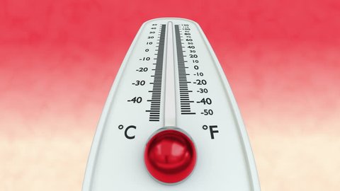 Thermometer with increasing temperature on red background.
Animation of red mercury rising in thermometer. Mask included.