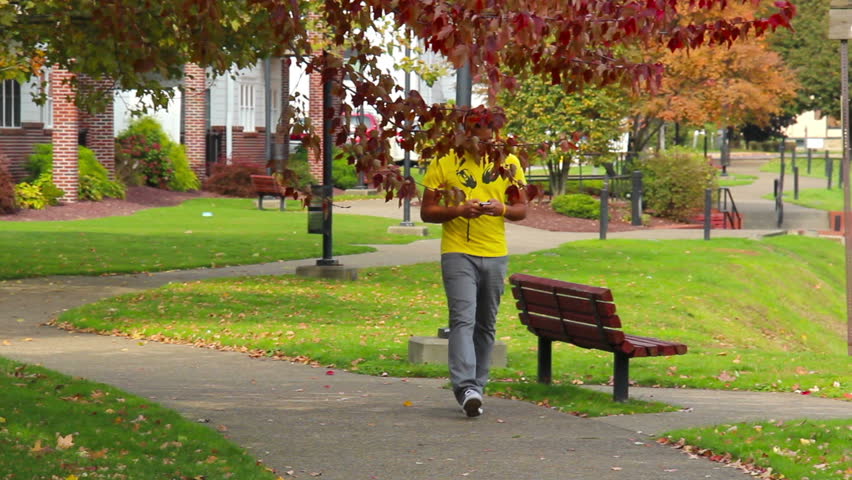 A young man walks and texts in the park.