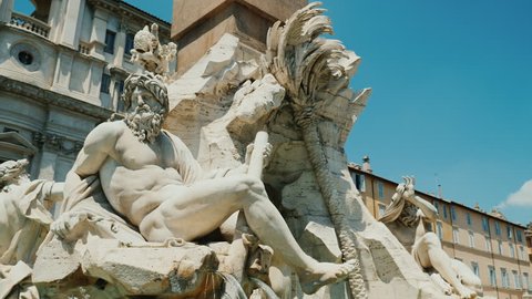 Steadicam shot: Four Rivers fountain in Piazza Navona in Rome Italy.