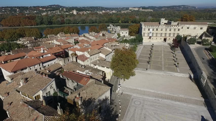 AVIGNON FRANCE NOV 2016 - AERIAL VIEW  OF THE HISTORICAL CENTER. PALACE OF THE POPES SQUARE. FALL ATMOSPHERE IN PROVENCE.