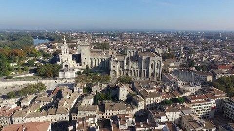AVIGNON FRANCE NOV 2016 - AERIAL VIEW  OF THE HISTORICAL CENTER. PALACE OF THE POPES. FALL ATMOSPHERE IN PROVENCE.