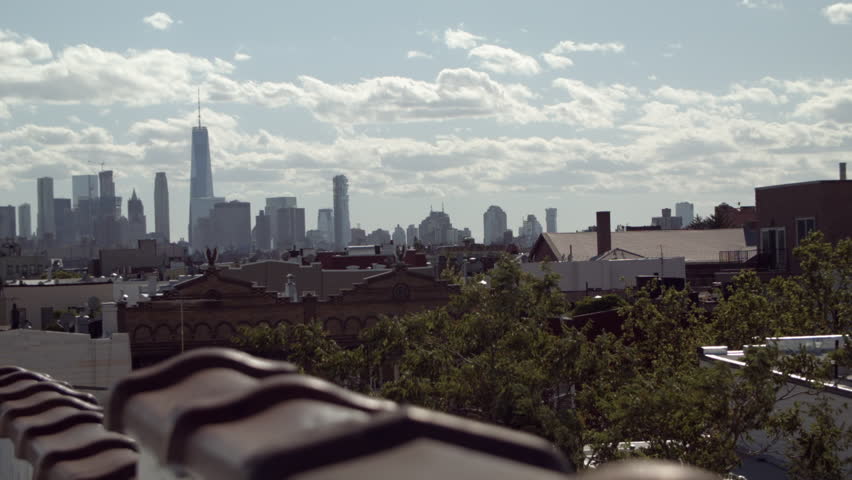 Manhattan skyline over Brooklyn rooftops. New York City.  Trees in the wind. Manhattan in the distance. Gentle clouds on blue sky. 