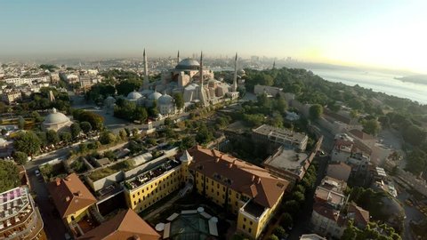 Aerial view. Hagia Sophia in Istanbul. Saint Sophie Cathedral. Turkey. Shot in 4K (ultra-high definition (UHD)).