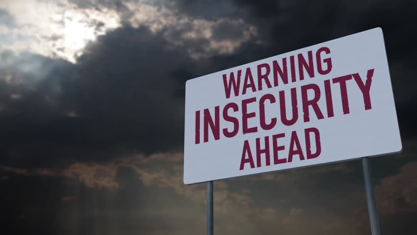 4K Insecurity Ahead Warning Sign under Clouds Timelapse Royalty-Free Stock Footage #28909507