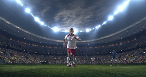 Soccer player performs outstanding play during a soccer game on a professional outdoor soccer stadium. Player wears unbranded uniform. Stadium and crowd are made in 3D.