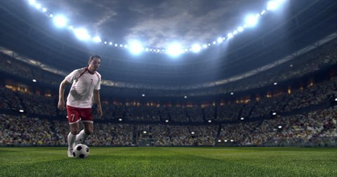 Soccer player performs outstanding play during a soccer game on a professional outdoor soccer stadium. Player wears unbranded uniform. Stadium and crowd are made in 3D.