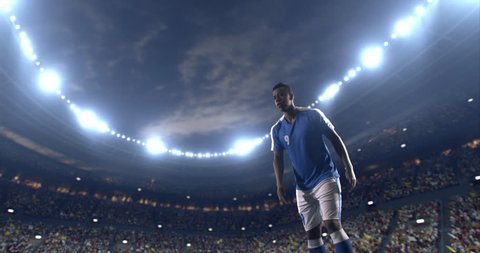 Footage of a soccer player in dramatic play during a soccer game on a professional outdoor soccer stadium. Player wears unbranded uniform. Stadium and crowd are made in 3D.