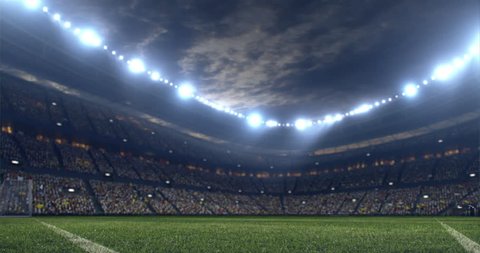 Footage of a dramatic soccer stadium. The stadium was made in 3d without using existing references. The crowd and light on the stadium are animated.