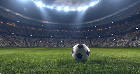 Footage of a dramatic soccer stadium. The stadium was made in 3d without using existing references. The crowd and light on the stadium are animated.