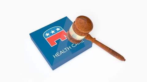 WASHINGTON - JULY 5, 2017: Plate with Republican Party (GOP) logo and Healthcare text label being crashed with Judge's Gavel (Hammer).