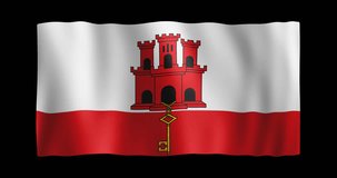Flag of Gibraltar, UK; long ratio (2:1); gentle, stylized, non-realistic, unhinged waving; seamless loop animation with alpha channel; nice textile pattern visible in 4k