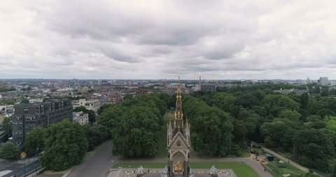 Aerial descending view of the Royal Albert Memorial in Hyde park in London