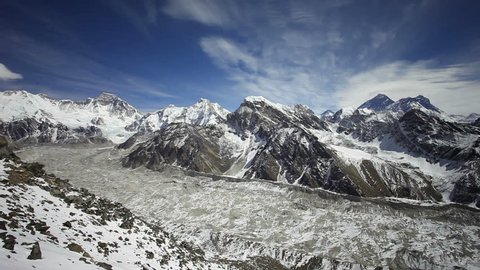Timelapse aerial panoramic view from Kala Patthar to Everest region in Himalaya, Nepal