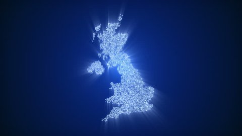 Numbers and symbols form United Kingdom Of Great Britain and Northern Ireland country silhouette on dark blue background. More countries on different backgrounds available - check my portfolio.