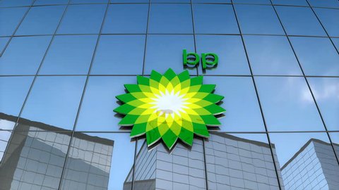 Editorial use only, 3D animation, BP logo on glass building.
