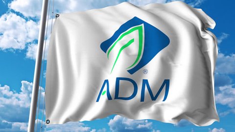 Waving flag with Archer Daniels Midland logo. 4K editorial animation