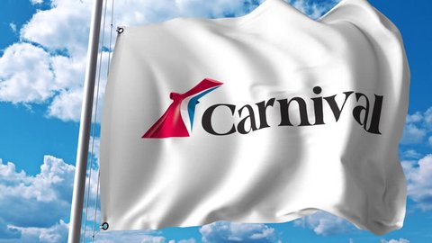Waving flag with Carnival Cruise Line logo. 4K editorial animation