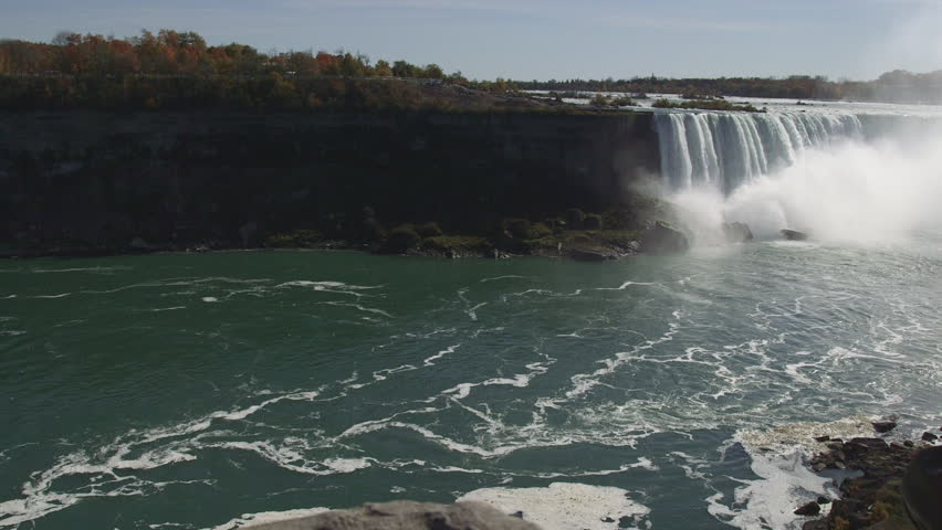 Niagara Falls View From Ontario, Canada With Tourist (Wide / Pan Right)
