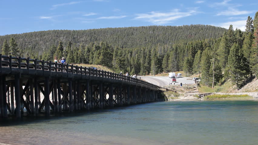 YELLOWSTONE, WYOMING CIRCA 2009: Historic Fishing Bridge on Yellowstone River built in 1937. Historically the popular fishing place now closed due to traffic. View from below bridge.