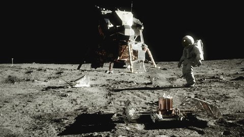 Highly realistic animation of an astronaut walking on the moon. (Graded to look like vintage film with grain, scratches, hair, and flicker)