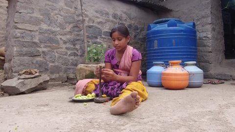 Girl is cutting bitter gourd for dinner at evening time in the rural village Salunkwadi, Ambajogai, Beed, Maharashtra, India, Southeast Asia