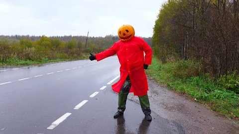 Jack Pumpkinhead in bright red raincoat hitching at empty rural road, then go forward. Wet autumn weather, freaky man performance at lonely place. Guy wear carved pumpkin on head, Halloween costume
