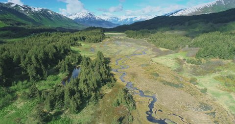 Aerial: flying over grassland, river, trees & mountain near, Chugach Forest, Anchorage, Alaska