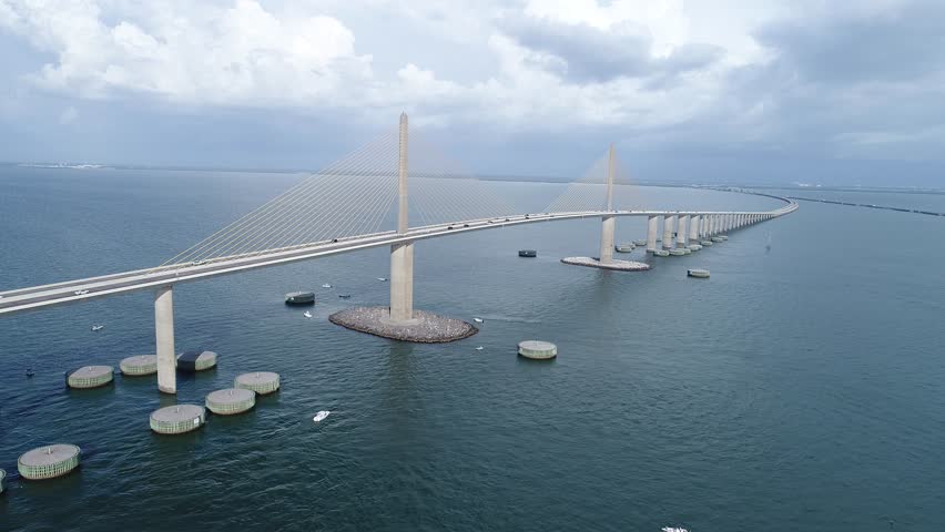 Skyway Bridge Tampa Florida Aerial Drone Video with cars & boats