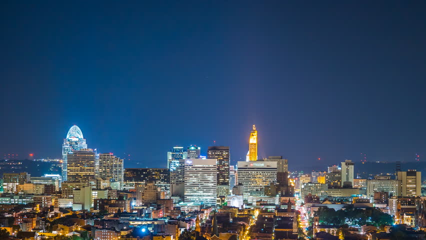 Overview of Cincinnati Ohio Skyline At Night Time Lapse 4K 1080P - Time lapse of cincinnati ohio skyline at night
