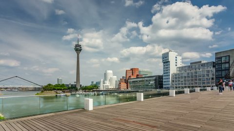 Dusseldorf cityscape with view on media harbor, Germany. Timelapse view 4K.