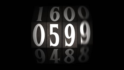 Rotating counter, old school. Four digits, one minute, on transparent background. Countdown.