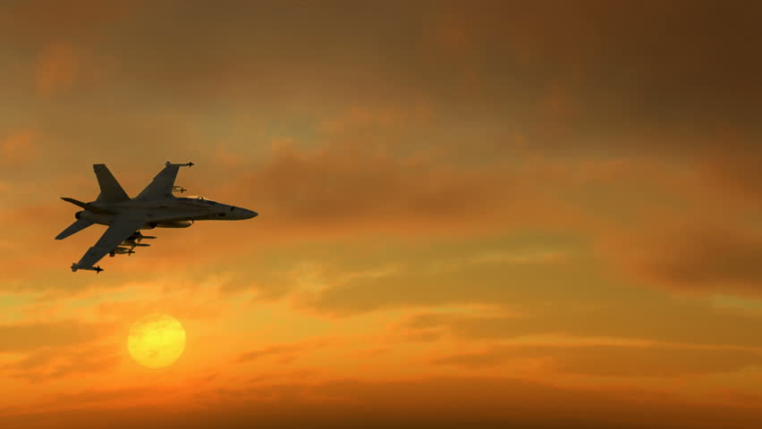 An F18 fighter jet flying against a dramatic sunrise sky.