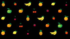 A set of pineapple fruits, apple, apricot, peach, cherry, cherry, raspberry, Lemon, orange, Strawberry, banana. Badges, stickers. Fly to the bottom, rotate.  Cartoon, video, animation.Alpha