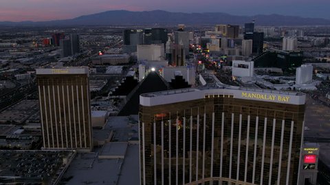 Las Vegas USA - April 2017: Aerial landscape illuminated city view at sunset of luxury Hotels and Casinos Nevada RED EPIC