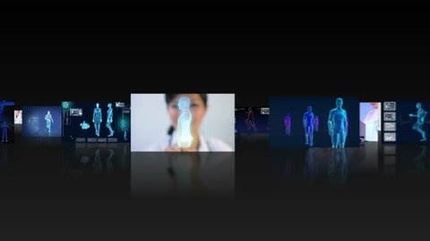 Montage fly through 3D clips medical research professionals working in a modern laboratory and CG digital images