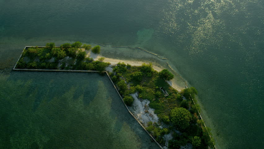 Aerial view of Caribbean aqua colored sea in shallow lagoon waters Biscayne Bay Florida USA RED EPIC