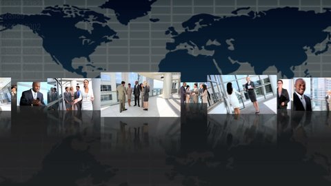 Montage 3D fly through view featuring successful multi ethnic groups of business people from around the world