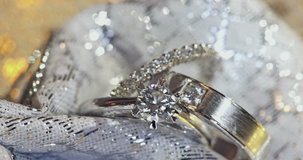 Macro shot of Wedding rings with textured background. Wedding theme.