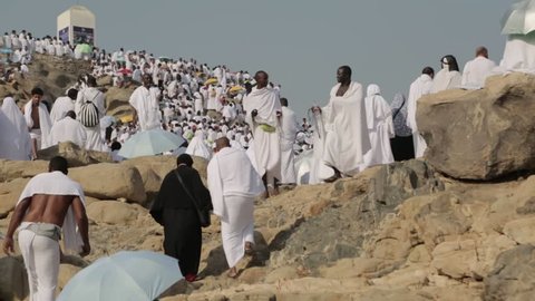 MECCA, SAUDI ARABIA, september 2016., Muslims at Mount Arafat (or Jabal Rahmah)  in Arafat, Saudi Arabia. This is the place where Adam and Eve met after being overthrown from heaven.