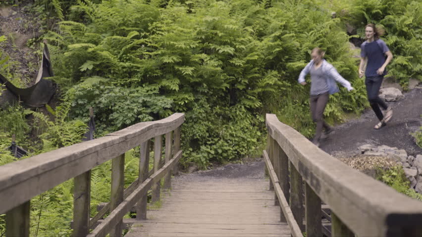 Happy Hikers Race Each Other Across Bridge In A Temperate Rainforest, Pacific Northwest