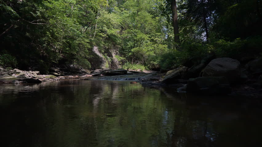 Motion shot over flowing stream with small waterfalls
