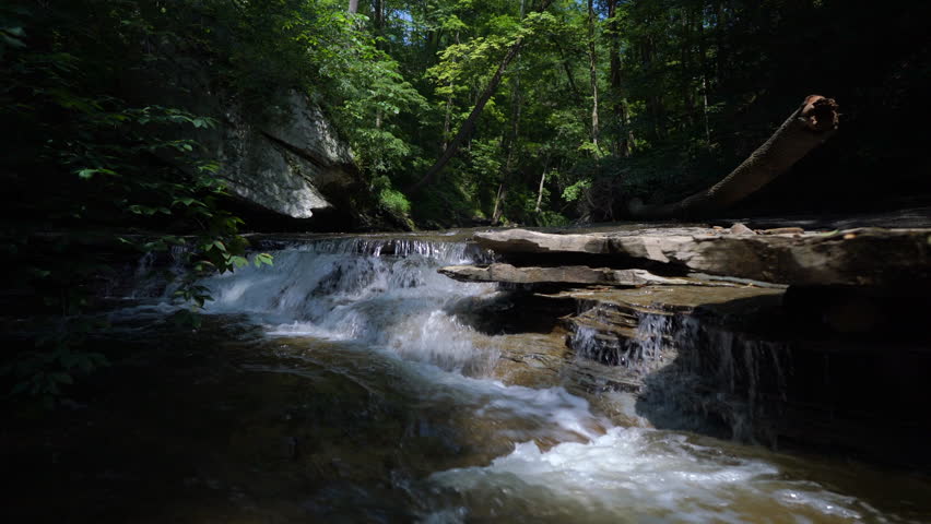 Waterfall in Cuyahoga Valley as camera moves over top
